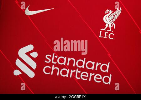 Primo piano del kit Liverpool FC 2020/21. Foto Stock