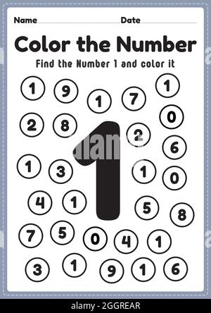 Numeri da colorare, foglio di lavoro numero 1 foglio di lavoro per la matematica foglio stampabile per l'attività dei bambini di scuola materna e prescolare per imparare le abilità di base di matematica. Illustrazione Vettoriale