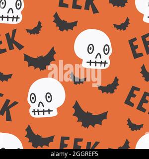 Halloween modello senza giunture per disegno Halloween simboli cranio, pipistrello, eek-lettering. Carta digitale Illustrazione Vettoriale