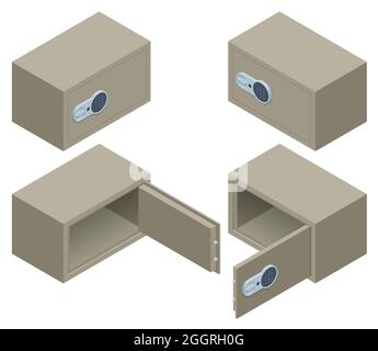 Set isometrico di casseforti metalliche di sicurezza isolate su sfondo bianco. Sicurezza e sicurezza finanziaria. Metal Cash Box Money Bank Deposito acciaio Tin sicurezza Illustrazione Vettoriale