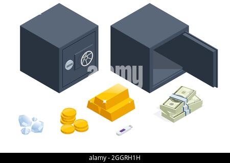 Set isometrico di casseforti metalliche di sicurezza isolate su sfondo bianco. Sicurezza e sicurezza finanziaria. Metal Cash Box Money Bank Deposito acciaio Tin sicurezza Illustrazione Vettoriale