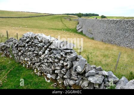 Parwich, Derbyshire, Regno Unito Agosto 29 2021 Una vista paesaggistica dell'High Peak Trail, le alte rive del muro di pietra sostengono il sentiero con una coppia a piedi Foto Stock