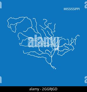 Mappa del bacino idrografico del Mississippi. Semplice illustrazione vettoriale a contorno sottile. Illustrazione Vettoriale
