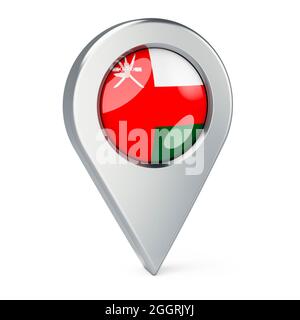 Puntatore mappa con flag Oman, rendering 3D isolato su sfondo bianco Foto Stock