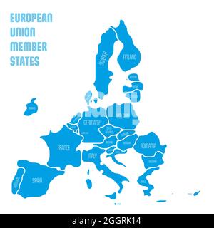 Carta semplificata dell'UE, Unione europea. Forme arrotondate di stati con bordo smussato. Mappa vettoriale piatta semplice blu. Illustrazione Vettoriale