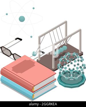 STEM educazione isometrica concetto icone composizione con immagini di modelli fisici e stack di libri illustrazione vettoriale Illustrazione Vettoriale