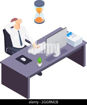 L'uomo sottolineato in ufficio prima della scadenza isometrica icona illustrazione vettoriale Illustrazione Vettoriale