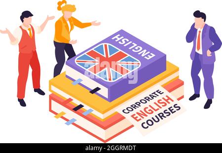 Centro isometrico di corsi di lingua composizione con un mazzo di libri di inglese circondato da persone illustrazione vettoriale Illustrazione Vettoriale