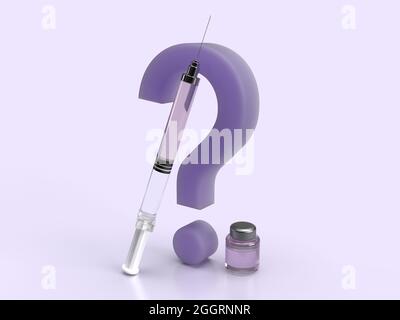 Una siringa e un flaconcino appoggiati a un punto interrogativo Foto Stock