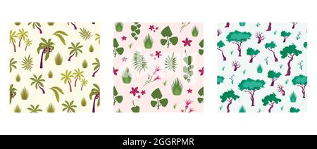 Disegno piante piatto set di tre texture senza giunture fatto con icone isolate di alberi tropicali fiori illustrazione vettoriale Illustrazione Vettoriale