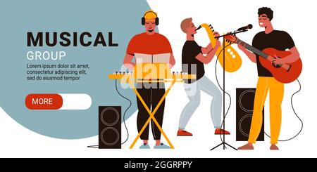 Musicisti banner orizzontale con testo modificabile pulsante More e personaggi di uomini che suonano su strumenti musicali illustrazione vettoriale Illustrazione Vettoriale