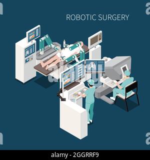 Composizione isometrica per chirurgia robotica con simboli operativi innovativi illustrazione vettoriale Illustrazione Vettoriale