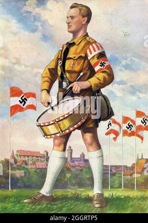 Un poster d'epoca per l'annuale Rally nazista di Norimberga che mostra un membro in uniforme della Gioventù Hitler (Hitler-Jugend, HJ) che gioca un tamburo militare Foto Stock