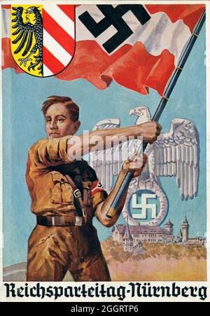 Un poster d'epoca per l'annuale Rally nazista di Norimberga che mostra un membro in uniforme della Gioventù Hitler (Hitler-Jugend, HJ) Foto Stock