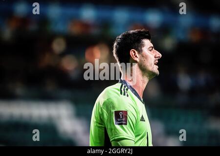 Tallinn, Estonia. 2 settembre 2021. Thibaut Courtois (1) del Belgio visto durante la partita dei qualificatori della Coppa del mondo FIFA 2022 tra Belgio ed Estonia alla A. le Coq Arena. Punteggio finale; Belgio 5:2 Estonia) Credit: SOPA Images Limited/Alamy Live News Foto Stock