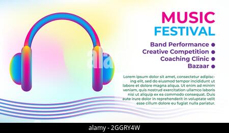 Trendy retro futuristico Festival Musica sfondo Design con Hologographic DJ Headphone. Ideale per feste ed eventi, banner Web, raster, volantino, copertina Illustrazione Vettoriale