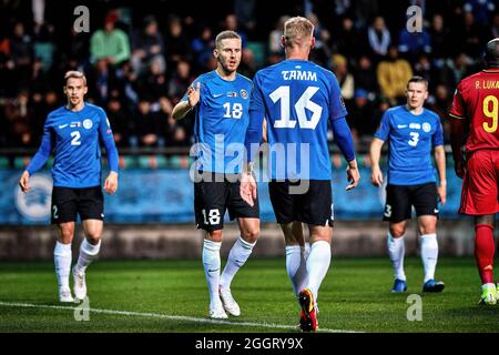 Tallinn, Estonia. 2 settembre 2021. Karol Mets (18) di Estonia reagisce durante la partita di qualificatori della Coppa del mondo FIFA 2022 tra Belgio ed Estonia alla A. le Coq Arena. Punteggio finale; Belgio 5:2 Estonia) (Foto di Hendrik Osula/SOPA Images/Sipa USA) Credit: Sipa USA/Alamy Live News Foto Stock