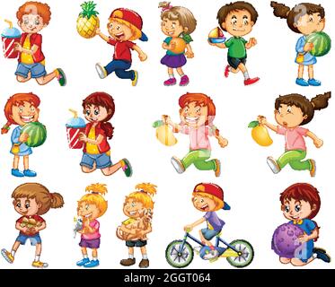 I bambini che fanno diverse attività cartoni animati set di caratteri su sfondo bianco illustrazione Illustrazione Vettoriale