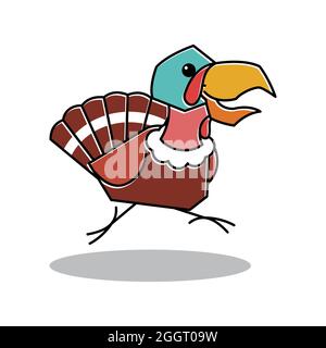 Running Dancing Turkey Bird Rooster Farm Thanksgiving personaggio Cartoon Illustrazione Vettoriale