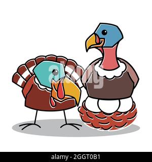 Tacchino Bird Couple Farm Sit on Egg Nest Thanksgiving personaggio Cartoon Illustrazione Vettoriale