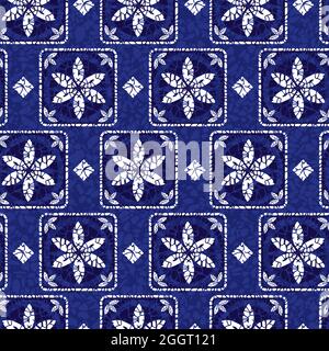 Vettoriale blu shibori quilt quadretti pile di piastrelle senza cuciture con motivo floreale e trama terrazzo 06. Adatto per tessuti, confezioni regalo e. Illustrazione Vettoriale