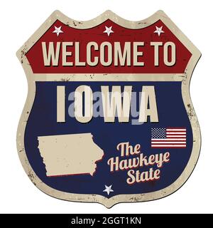 Benvenuto a Iowa vintage metallo arrugginito segno su uno sfondo bianco, illustrazione vettoriale Illustrazione Vettoriale