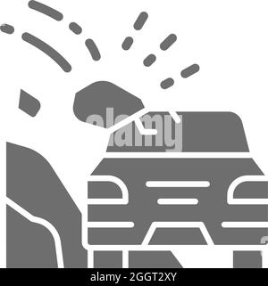 Frane, incidente su autostrada, pietre crollate su auto icona grigia. Illustrazione Vettoriale