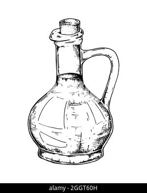 Bottiglia di vetro imbutita a mano con olio d'oliva. Illustrazione vettoriale in stile di schizzo Illustrazione Vettoriale