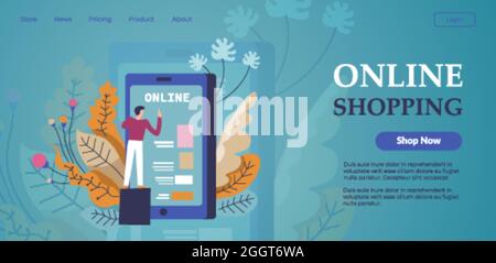 Acquisti online in internet, ordinando prodotti Illustrazione Vettoriale