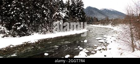 Valle del fiume e foreste di conifere all'uscita dalle montagne rocciose ai piedi delle colline. Ma l'inverno mantiene ancora la sua oscillazione, il paesaggio innevato Foto Stock