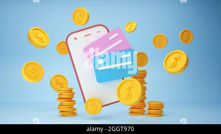 Pagamento senza contatto pagamento senza fili con carta di credito su smartphone, rendering 3d Foto Stock