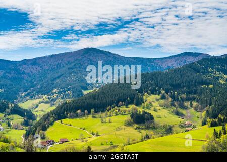 Germania, Schwarzwald case villaggio circondato da una splendida foresta coperta montagne paesaggio naturale perfetto per escursioni e turismo, panorama aereo Foto Stock
