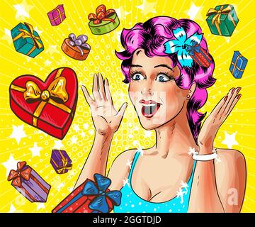 Vettoriale pop art felice giovane donna con scatole regalo Illustrazione Vettoriale