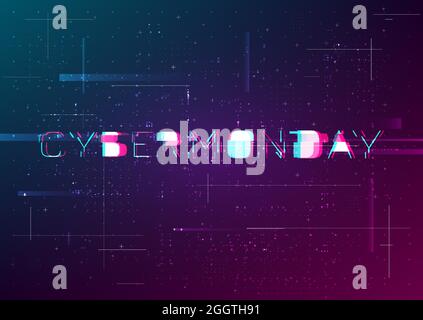 Banner Cyber Monday con effetto glitch. Titolo CYBER MONDAY in stile cyberpunk con effetto di distorsione su sfondo di colore trendy con particelle e. Illustrazione Vettoriale