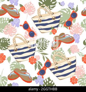 Design estivo senza cuciture con borsa da spiaggia e altri accessori per le vacanze in mare. Motivo decorativo senza fine o texture ripetibile con occhiali da sole, b Illustrazione Vettoriale