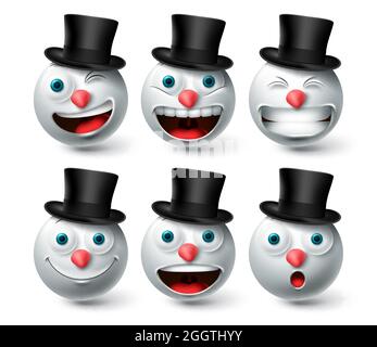Set di vettori emoji per pupazzi di Natale. Emojis smiley uomo di neve che indossa nero cappello icona collezione isolato su sfondo bianco per Natale e inverno Illustrazione Vettoriale