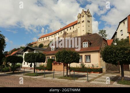 26 agosto 2021, Sassonia-Anhalt, Löbejün: Il castello storico di Wettin è introniato su una roccia sullo sfondo. Foto: Mathias Bein/dpa-Zentralbild/ZB Foto Stock