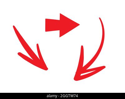 Set di tre frecce rosse disegnate a mano, inchiostro, stile pennello, su bianco Illustrazione Vettoriale