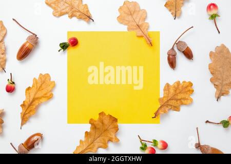 Foglie e ghiande di quercia su sfondo bianco. Cornice bianca gialla per il testo. Mockup autunno. Composizione minima d'autunno, concetto d'autunno. Piatto, parte superiore Foto Stock