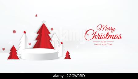 Display 3D White Circle a podio con albero di Natale in stile carta tagliata. Sfondo vacanze invernali. Illustrazione Vettoriale