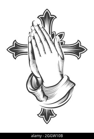 Tatuaggio di pregare le mani contro la Croce isolato su bianco. Illustrazione vettoriale. Illustrazione Vettoriale