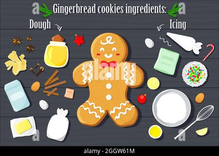 Biscotti di pan di zenzero Set di ingredienti per preparare la pasta e la glassa. Illustrazione vettoriale piatta. Illustrazione Vettoriale