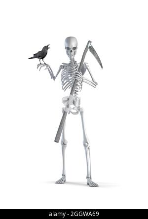 Scheletro del pannolino di graniglia - illustrazione 3D dello scheletro umano maschile figura di morte che tiene la falce e il corvo nero isolato su sfondo bianco studio Foto Stock