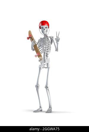 Skater skeleton - illustrazione 3D di figura di scheletro umano maschile che indossa il casco da skateboard e tiene lo skateboard e mostra il segno della mano di vittoria su bianco Foto Stock