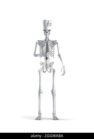 Skeleton chef cucina - illustrazione 3D di uomo scheletro figura indossare chef cappello e tenere grande coltello da cucina isolato su bianco studio backgr Foto Stock