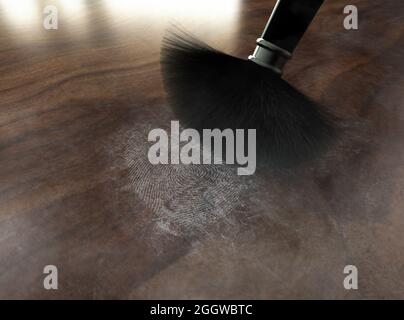 Un pennello scena del crimine che spolverava polvere di talco rivelando e un segno di impronta digitale su una superficie di legno - rendering 3D Foto Stock