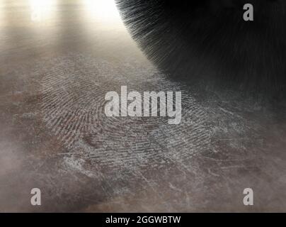 Un pennello scena del crimine che spolverava polvere di talco rivelando e un segno di impronta digitale su una superficie di legno - rendering 3D Foto Stock