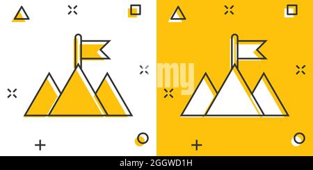 Icona campione di missione in stile comico. Cartoni animati di montagna illustrazione vettoriale su sfondo bianco isolato. Leadership splash effetto concetto di business. Illustrazione Vettoriale