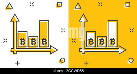 Icona di crescita Bitcoin in stile comico. Illustrazione vettoriale cartoon Blockchain su sfondo isolato bianco. Criptovaluta splash effect concetto di business Illustrazione Vettoriale