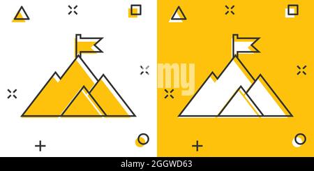 Icona campione di missione in stile comico. Cartoni animati di montagna illustrazione vettoriale su sfondo bianco isolato. Leadership splash effetto concetto di business. Illustrazione Vettoriale